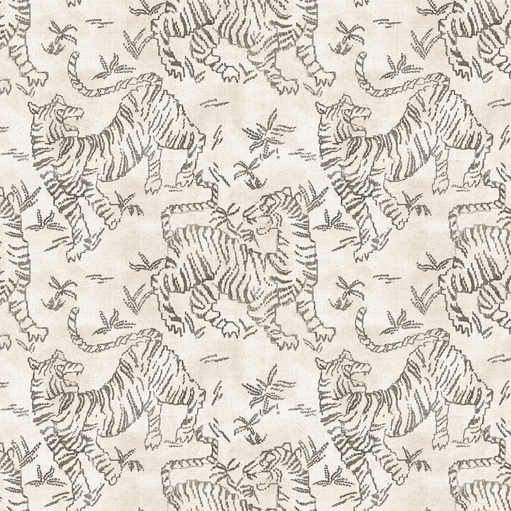 Lemieux et Cie Orly Tigers rug in charcoal gray on taupe brown, stylized tiger motif textile shown in flat-lay detail on white studio backdrop.
