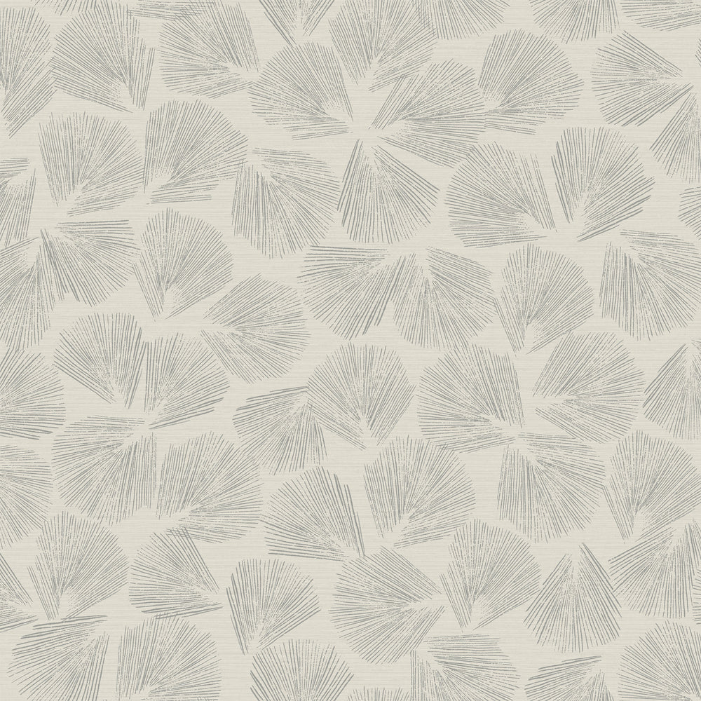 Lemieux et Cie Elora Leaf wallpaper in graphite gray with metallic, botanical pattern with fan-shaped leaves and raised veining on neutral ground.