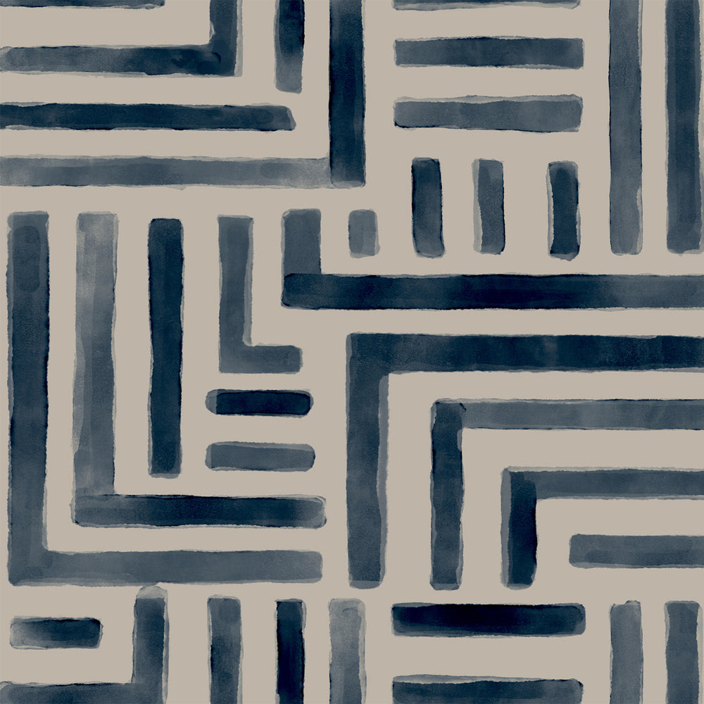 Lemieux et Cie Painterly Labyrinth wallpaper in blue and gray geometric maze pattern, non-woven unpasted, shown on white studio backdrop.