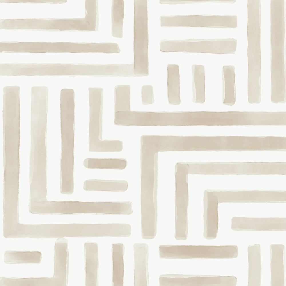 Lemieux et Cie Painterly Labyrinth wallpaper in soft beige, geometric maze pattern with watercolor effect on white ground.