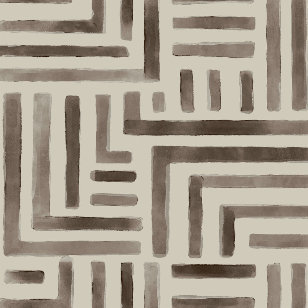 Lemieux et Cie Painterly Labyrinth in taupe and brown, geometric rug with hand-painted watercolor effect, maze-inspired pattern shown in close detail.