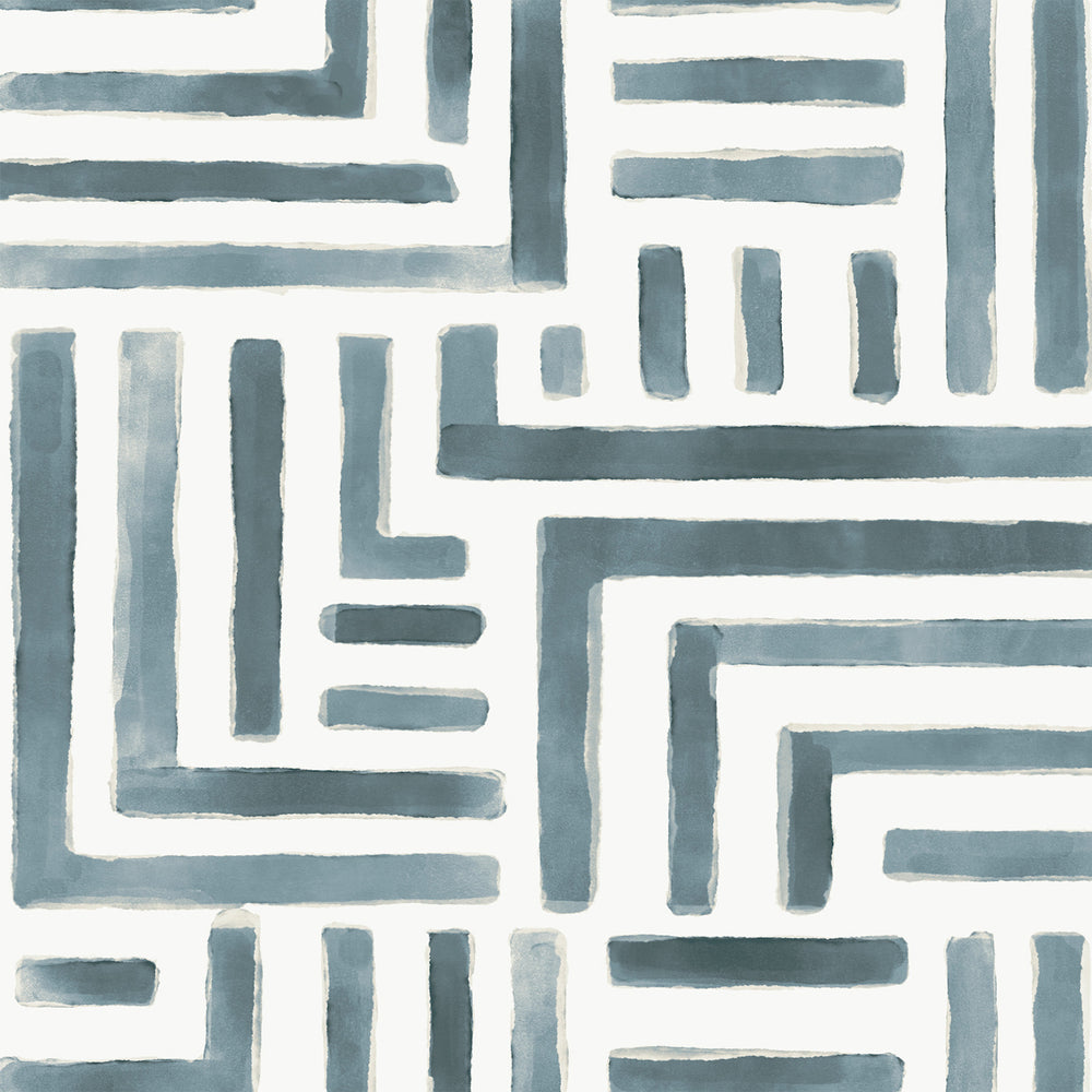 Lemieux et Cie Painterly Labyrinth in beige and blue, geometric patterned wallpaper with hand-painted watercolor maze motif on ivory ground.