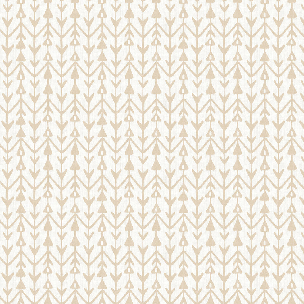 Lemieux et Cie Martigue Stripe in sand beige, geometric arrow pattern wallpaper swatch shown on white studio backdrop.