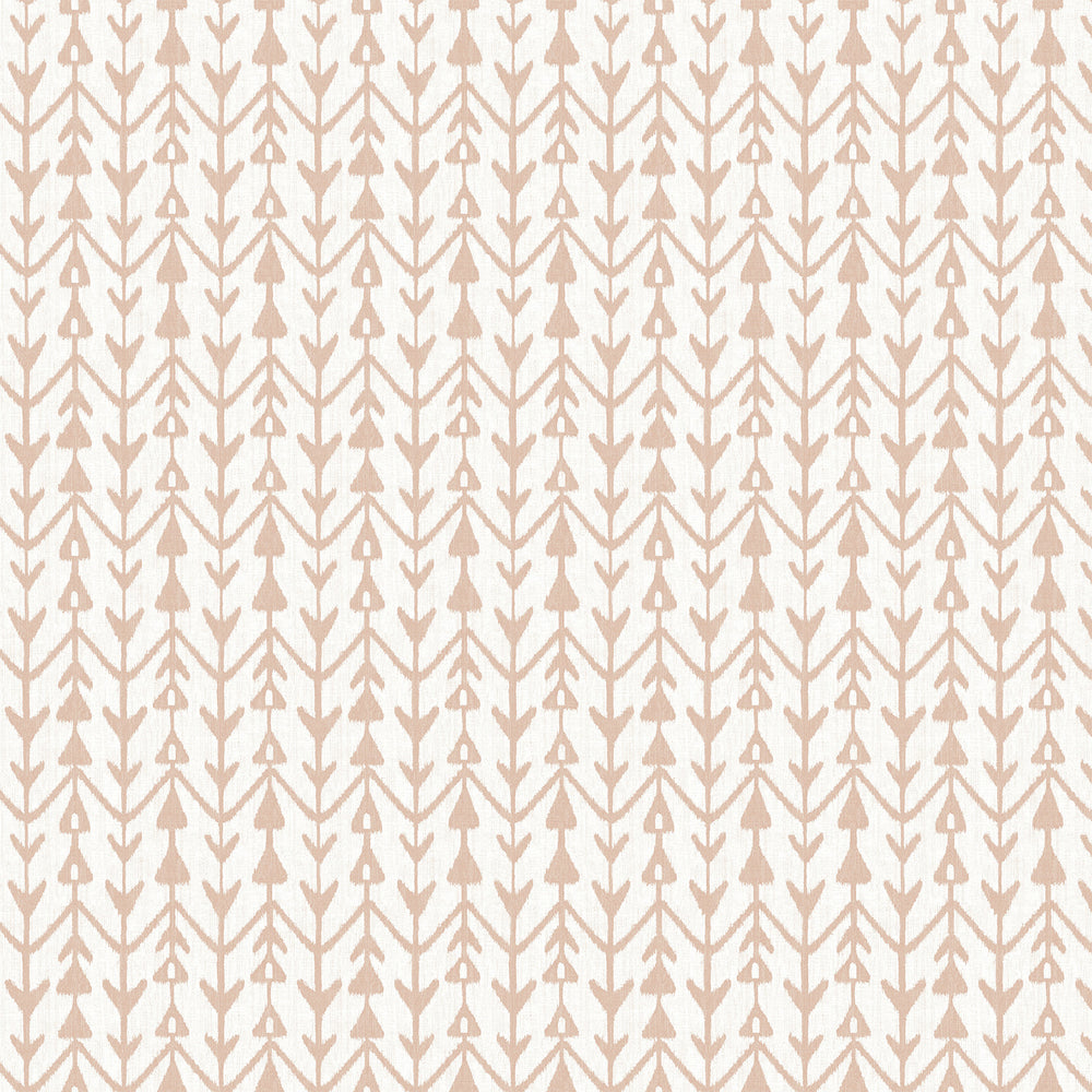 Lemieux et Cie Martigue Stripe in blush pink, wallpaper swatch with geometric arrow motif on ivory ground, shown on white studio backdrop.