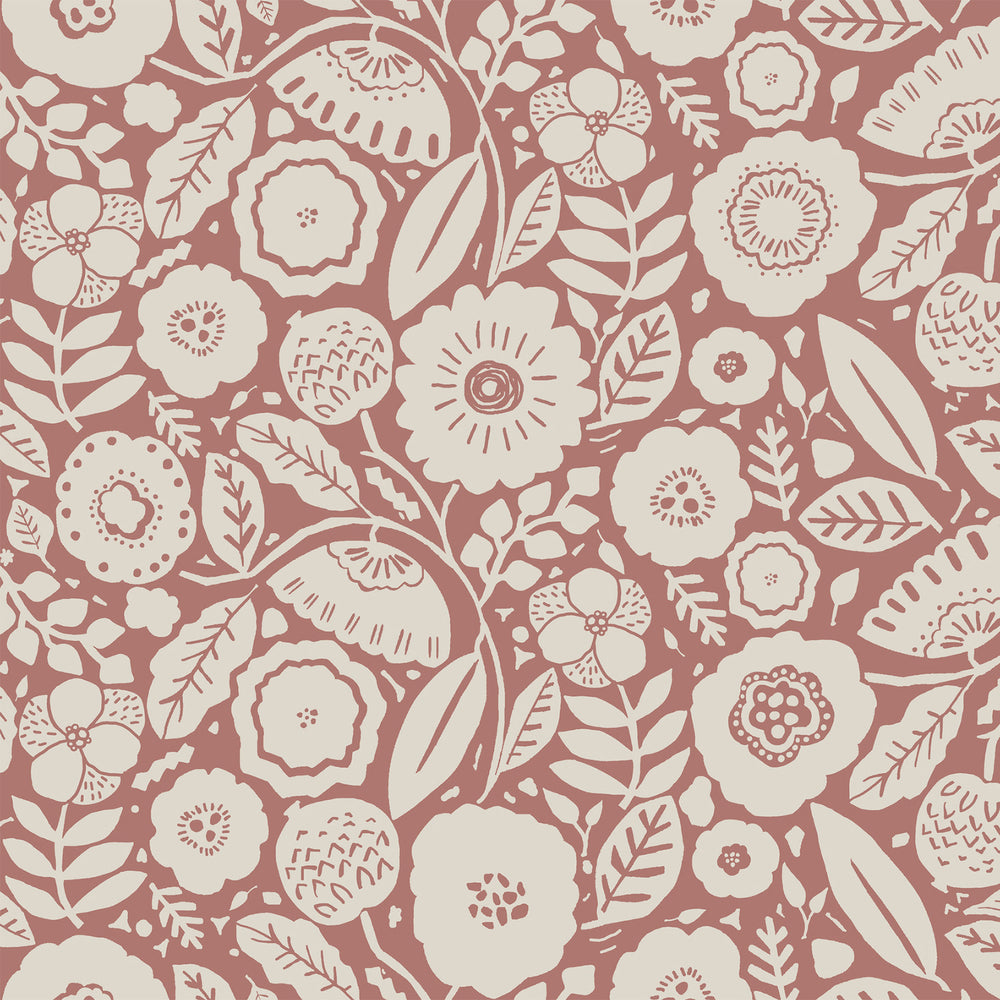 Lemieux et Cie Tachette wallpaper in terracotta on alabaster white, hand-drawn floral pattern with organic brushstrokes and botanical motifs.