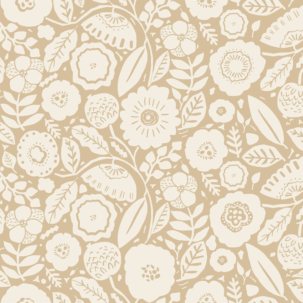 Lemieux et Cie Camelia Blossom wallpaper in vintage white and yellow ochre, tropical floral pattern with hand-drawn petals and leaves.