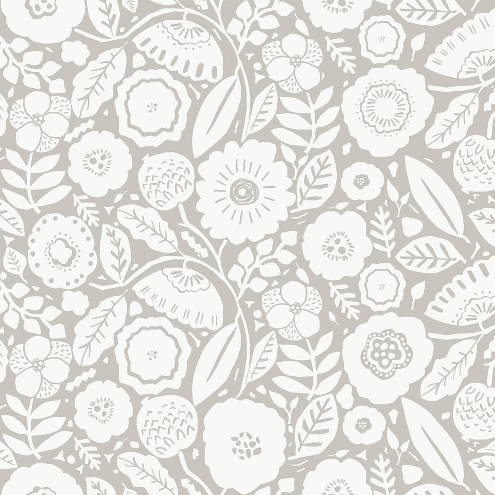 Lemieux et Cie Camelia Blossom wallpaper in white dove and cloud gray, botanical pattern with hand-drawn blooms and foliage on neutral ground.