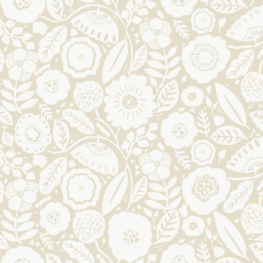 Lemieux et Cie Camelia Blossom wallpaper in chantilly white and beige linen, hand-drawn floral pattern with stylized blossoms and foliage