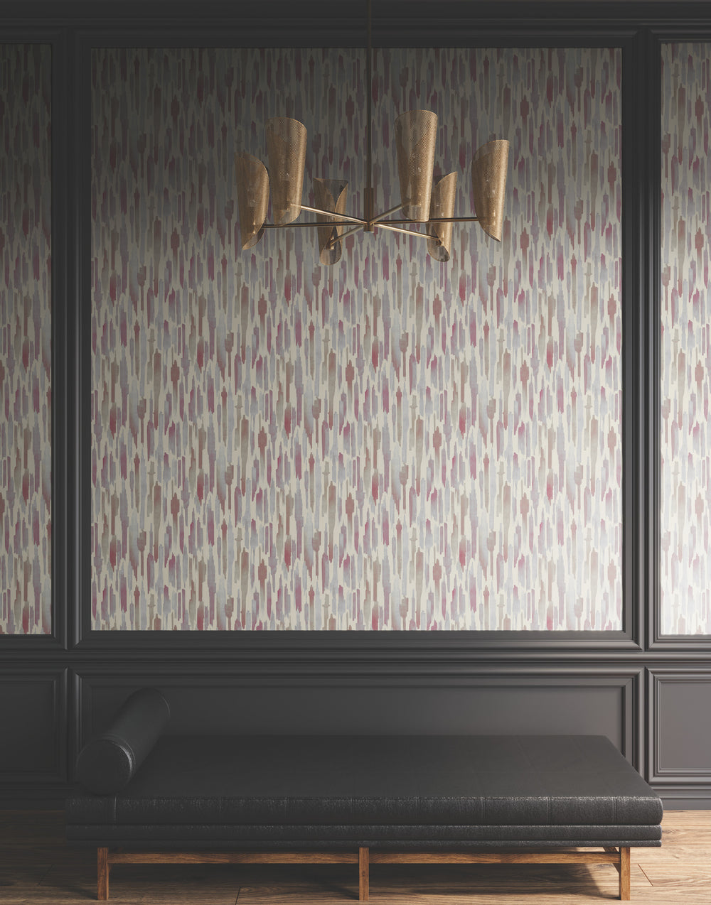 Lemieux et Cie Pluie wallcovering in ocean blue and stone gray watercolor pattern, shown on dark paneled walls with sculptural chandelier and upholstered bench.
