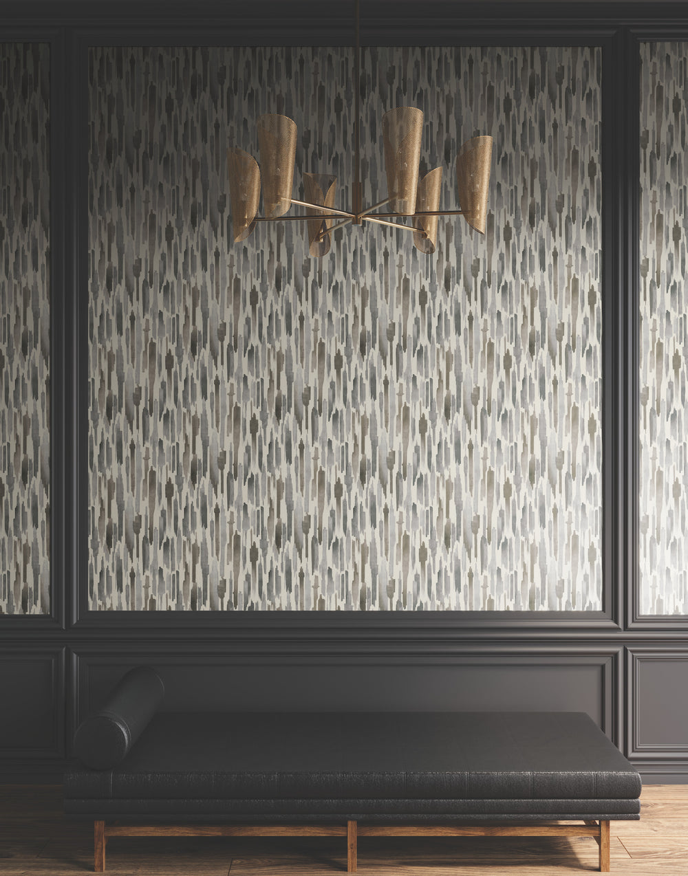 Lemieux et Cie Pluie wallcovering in charcoal grey with coco brown, textured rainwater-streak pattern, on wall above dark upholstered bench with wood flooring.
