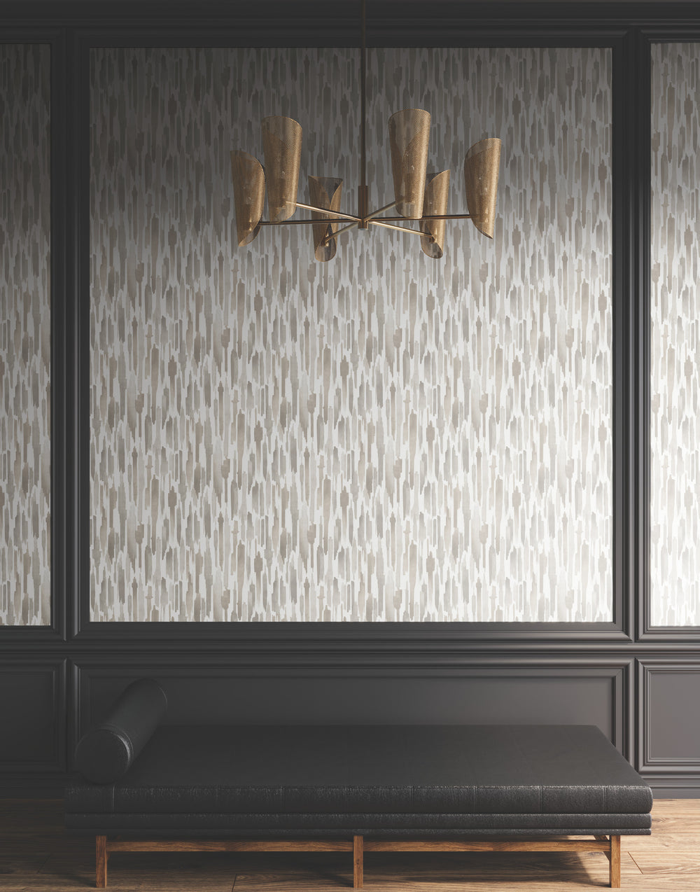 Lemieux et Cie Pluie wallcovering in ocean blue and stone gray, textured pattern with watercolor streaks, shown in a paneled sitting room with a low bench and warm wood floors.