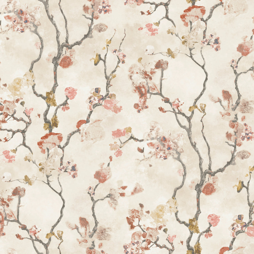 Lemieux et Cie Avril Chinoiserie in pink rose on watercolor tan, wallpaper swatch with flowering branch motif in soft coral and ochre tones.