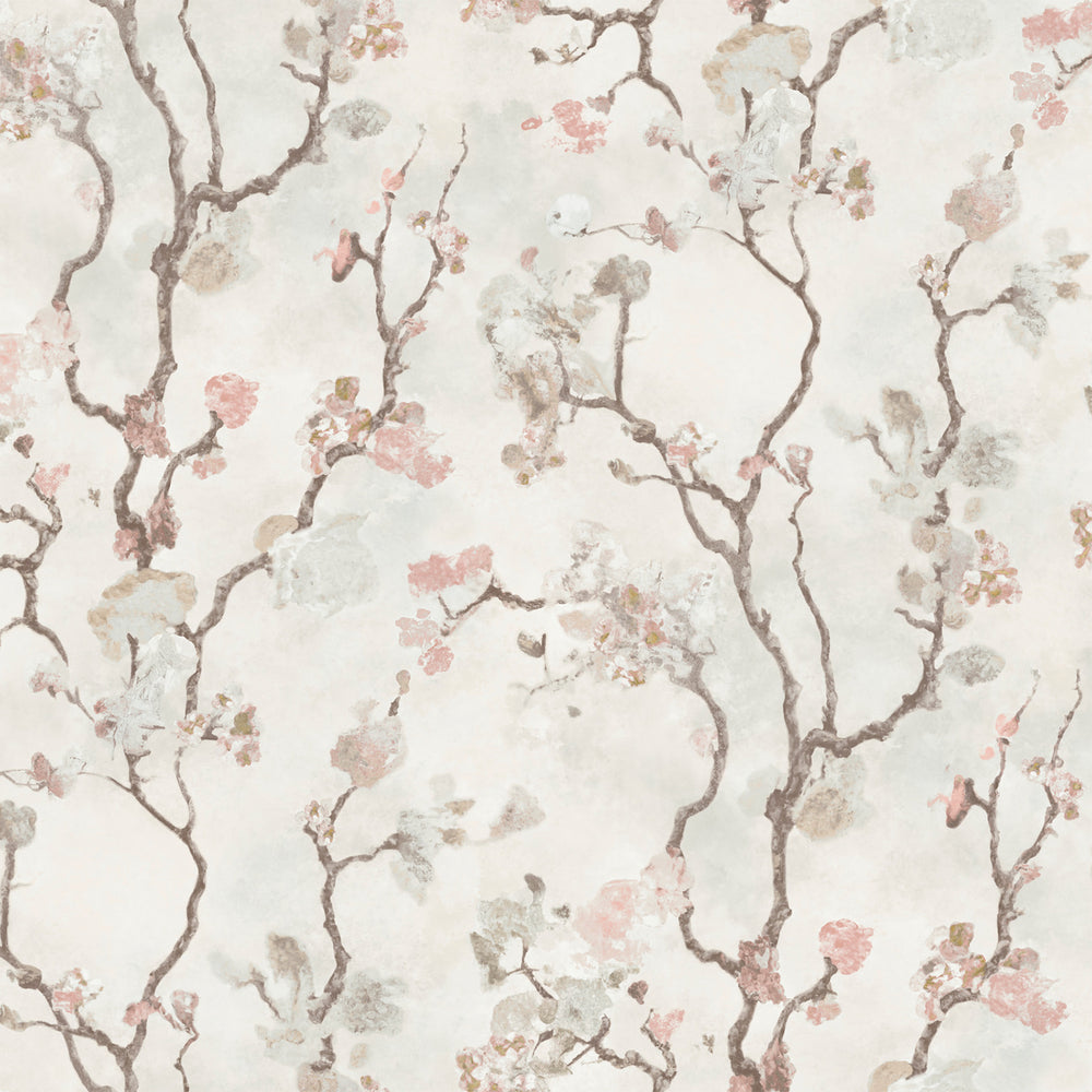 Lemieux et Cie Avril Chinoiserie wallpaper in peacock blue and misty gray, flowering branch motif on soft neutral ground shown on white studio backdrop.