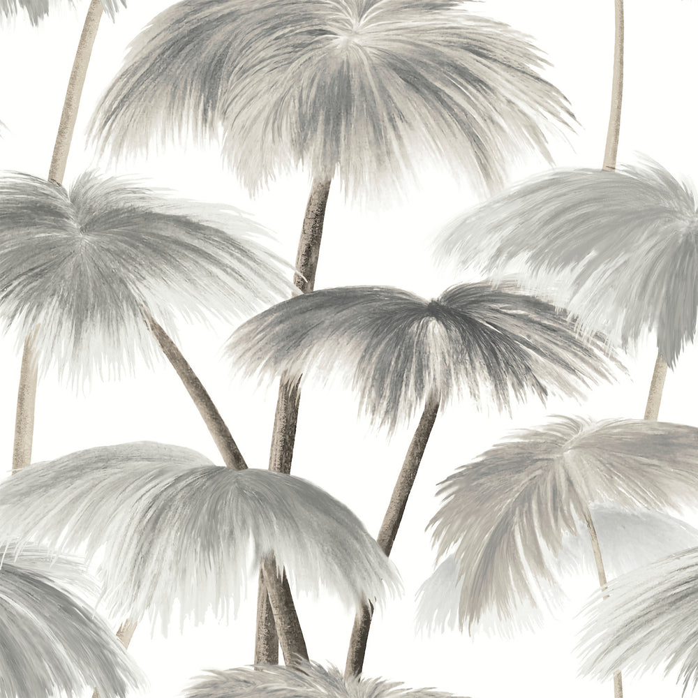 Lemieux et Cie Plein Air Palms wallpaper in vintage neutrals on cream white, impressionist palm frond pattern shown on white backdrop.