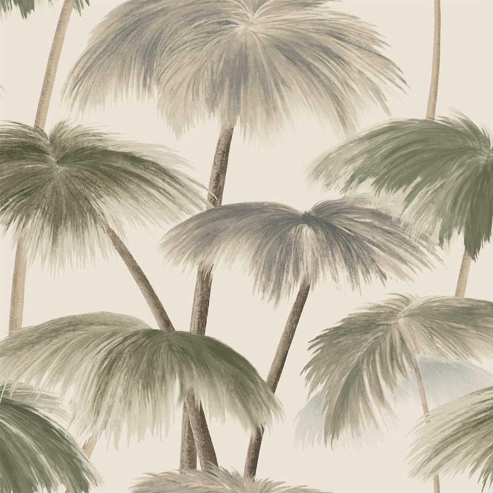 Lemieux et Cie Plein Air Palms wallpaper in vintage neutrals on cream white, brushstroke palm fronds in soft taupe and sage tones.