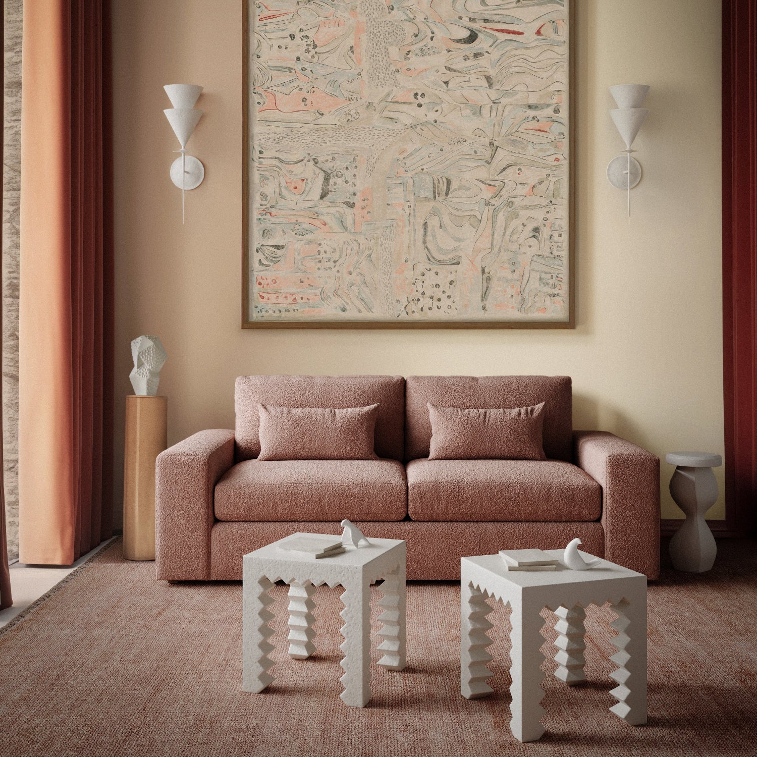 Living room with a pink Lacroix sofa, Les terrains-Londres abstract wall art, and decorative Lucien and Souple side tables. Blush Rochefort rug on the floor.