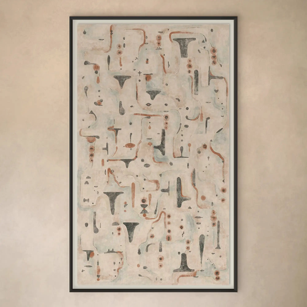 Lemieux et Cie La Fougère abstract print with warm terracotta, charcoal and cream organic forms, framed artwork on neutral plaster wall