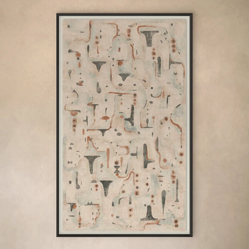 Lemieux et Cie La Fougère abstract print with warm terracotta, charcoal and cream organic forms, framed artwork on neutral plaster wall