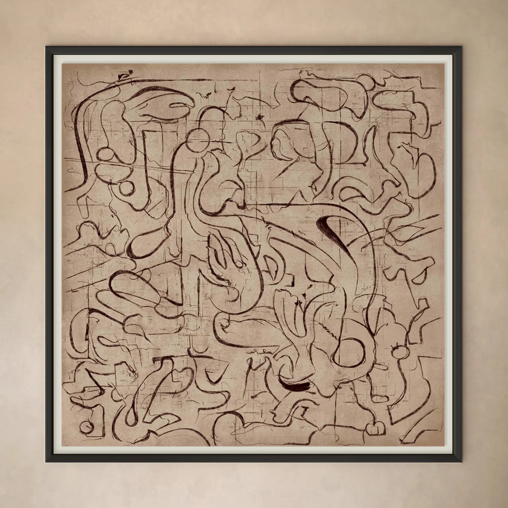 Lemieux et Cie La Ligne fine art print with abstract linework in warm tones, framed in dark wood against a neutral plaster wall.