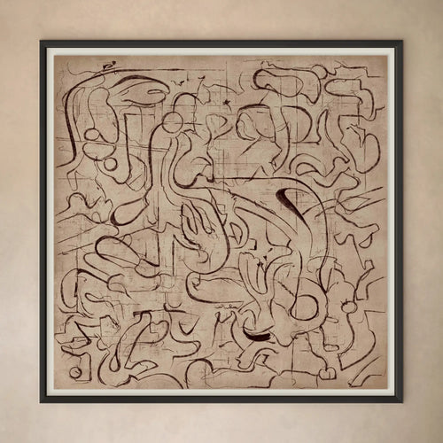 Lemieux et Cie La Ligne fine art print with abstract linework in warm tones, framed in dark wood against a neutral plaster wall.