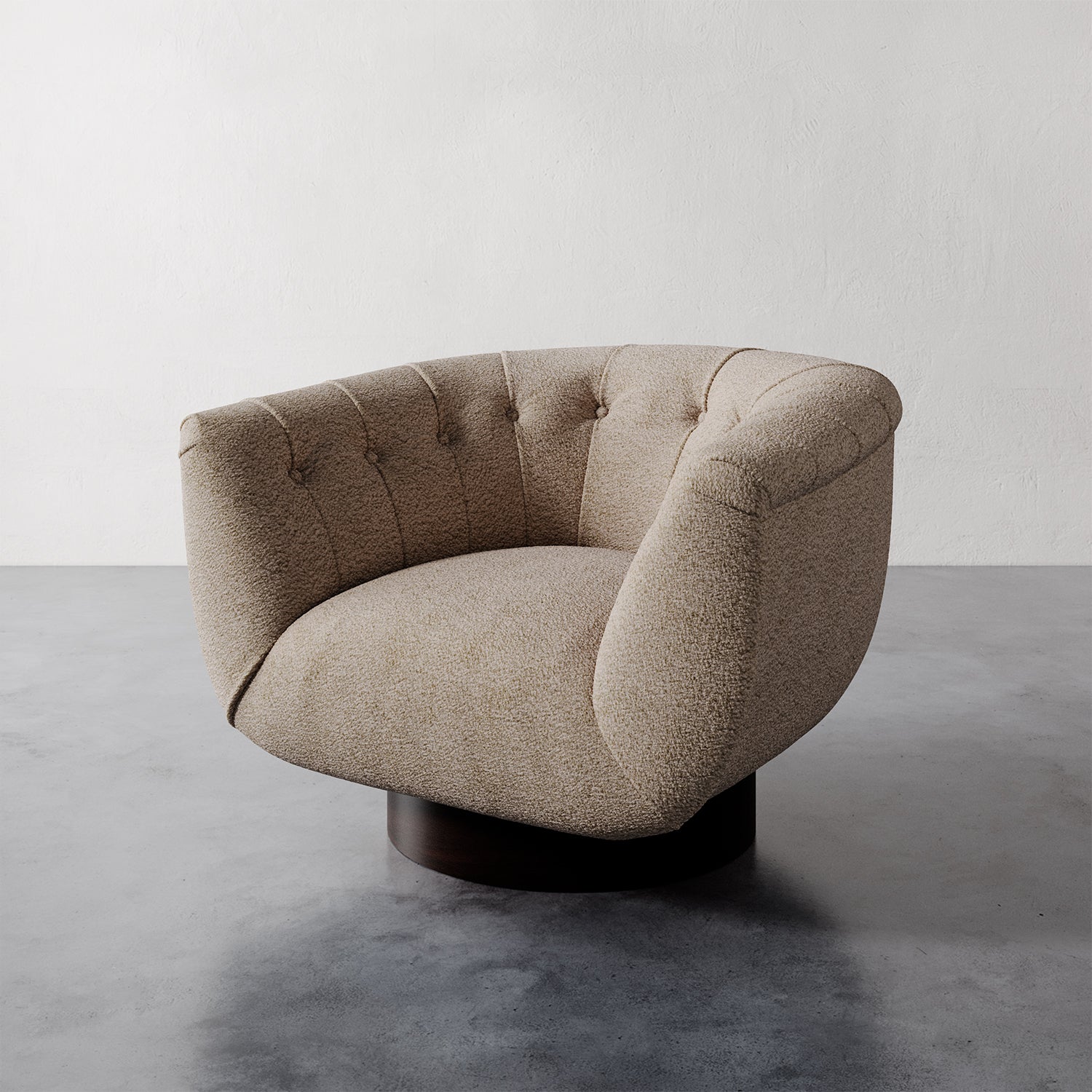 Lemieux et Cie Lune Swivel Chair in Chunky Boucle Ecru with a rounded tufted back and sculptural form set against a white wall.