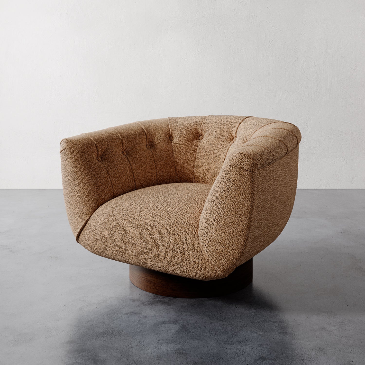 Lemieux et Cie Lune Swivel Chair in Golden Rod with a rounded tufted back and sculptural form set against a white wall.