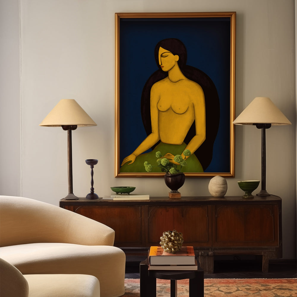Lemieux et Cie Vigne Fleurie fine art print depicting flowering vine on green field, framed in warm wood, styled above credenza with table lamps in sitting room.