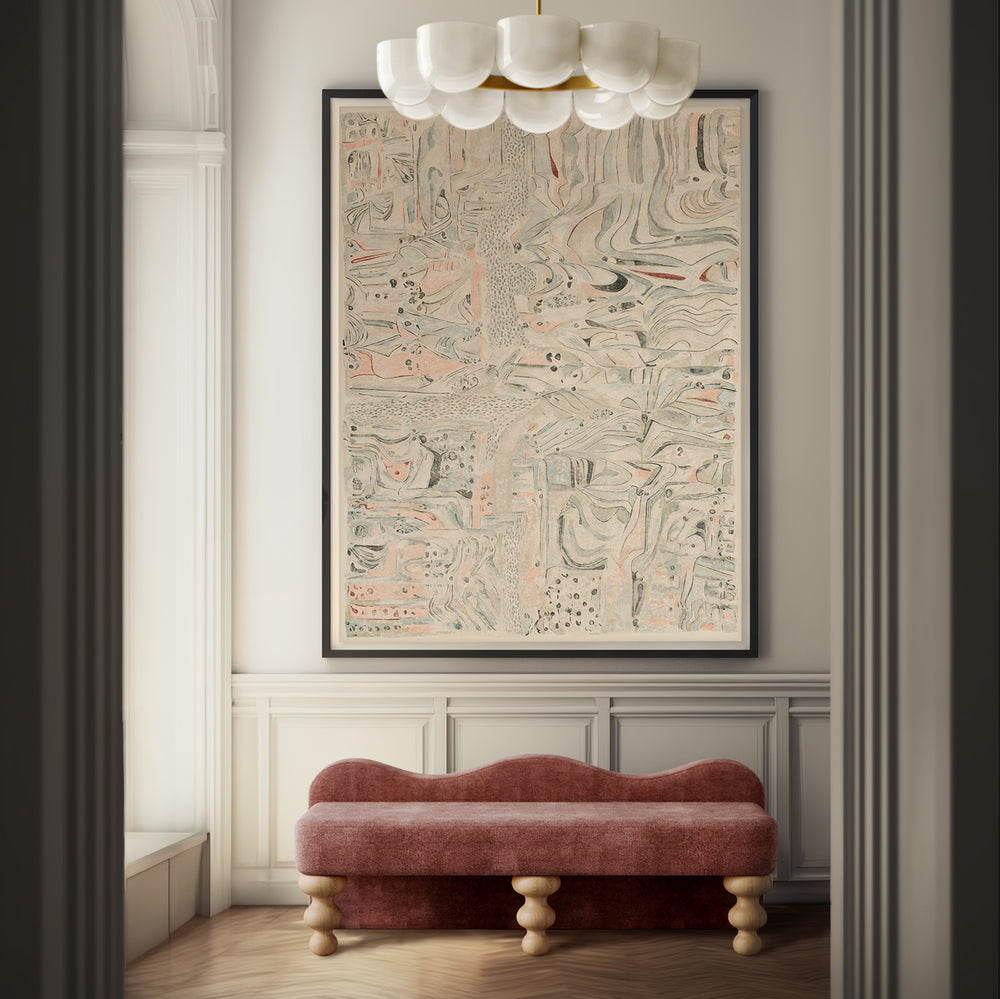 Lemieux et Cie Les Terrains - Londres art print, abstract marbled composition in neutral tones with blush and sage accents, hung above a sculptural scalloped bench in a room with paneled walls and herringbone wood floors.