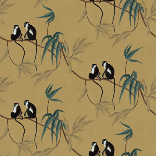 Lemieux et Cie Les Singes gold chinoiserie wallpaper with monkeys and bamboo, Asian inspired wallpaper playful design.