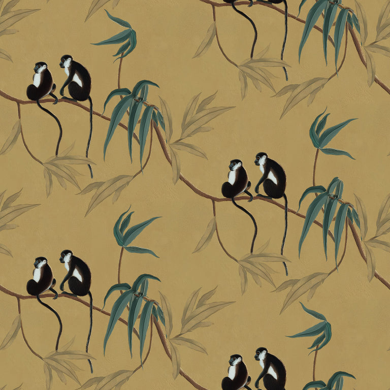 Lemieux et Cie Les Singes gold chinoiserie wallpaper with monkeys and bamboo, Asian inspired wallpaper playful design.