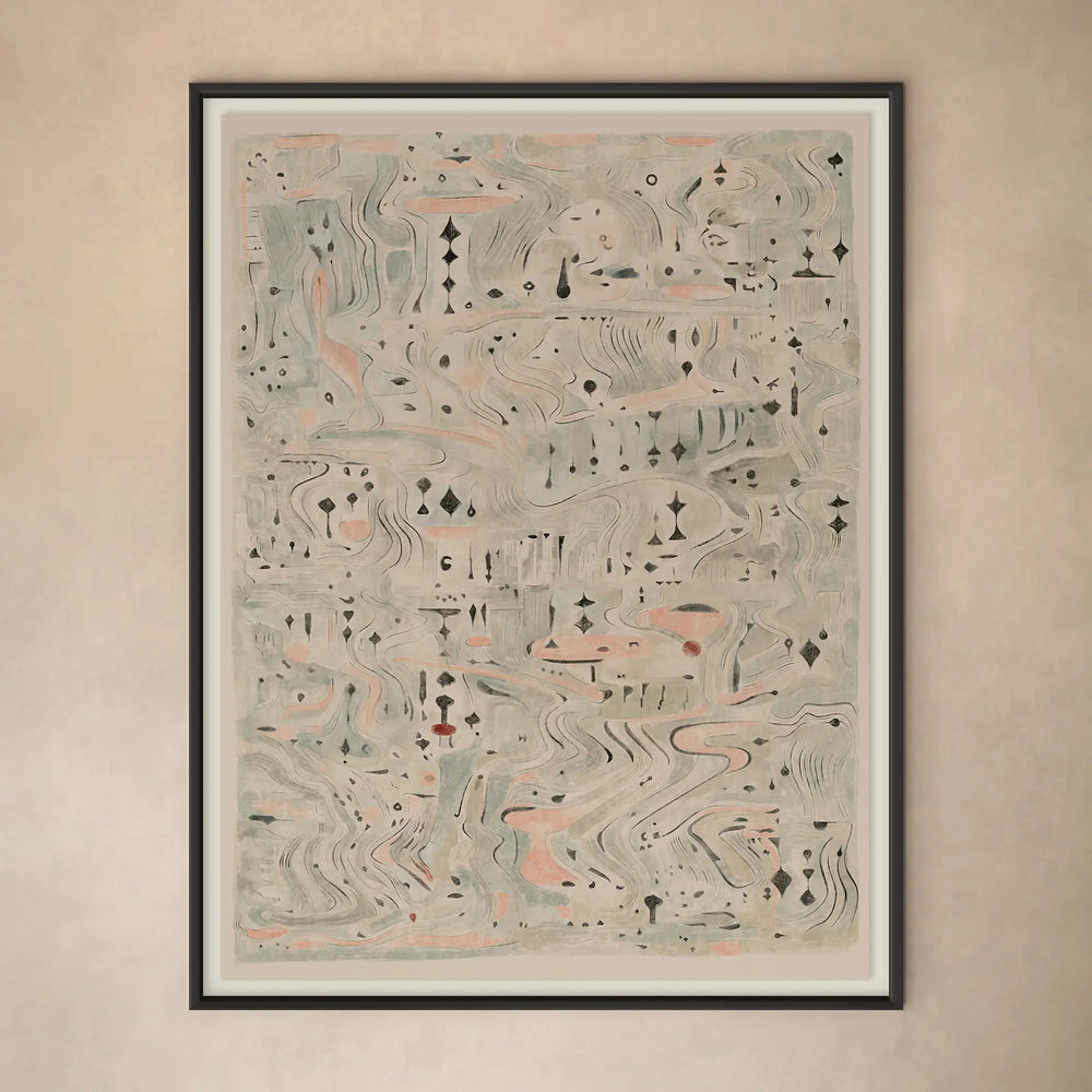 Lemieux et Cie Les Terrains abstract print in soft pink, sage and charcoal, framed art with white mat on neutral plaster wall