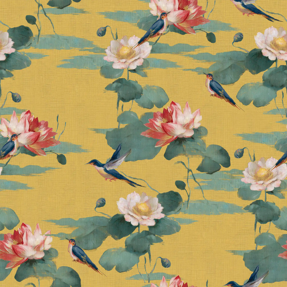 Lemieux et Cie Lily Pond chinoiserie peel and stick wallpaper with gold florals, Asian inspired wallpaper luxury design.