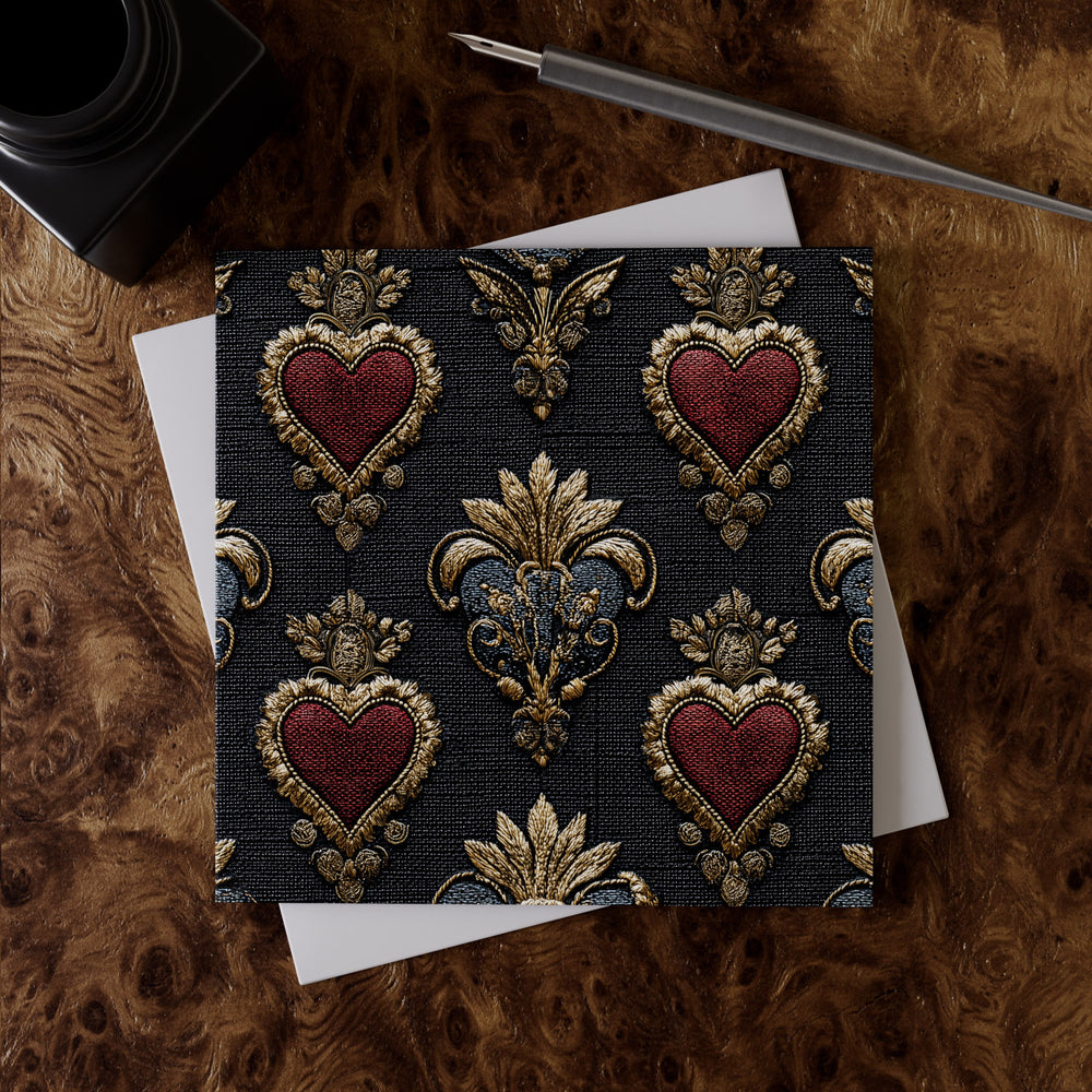 Lemieux et Cie Love Embroidery Greeting Card Set, linen paper card with heart and fleur-de-lis motif on dark ground, shown on burled wood desk with envelope and pen.