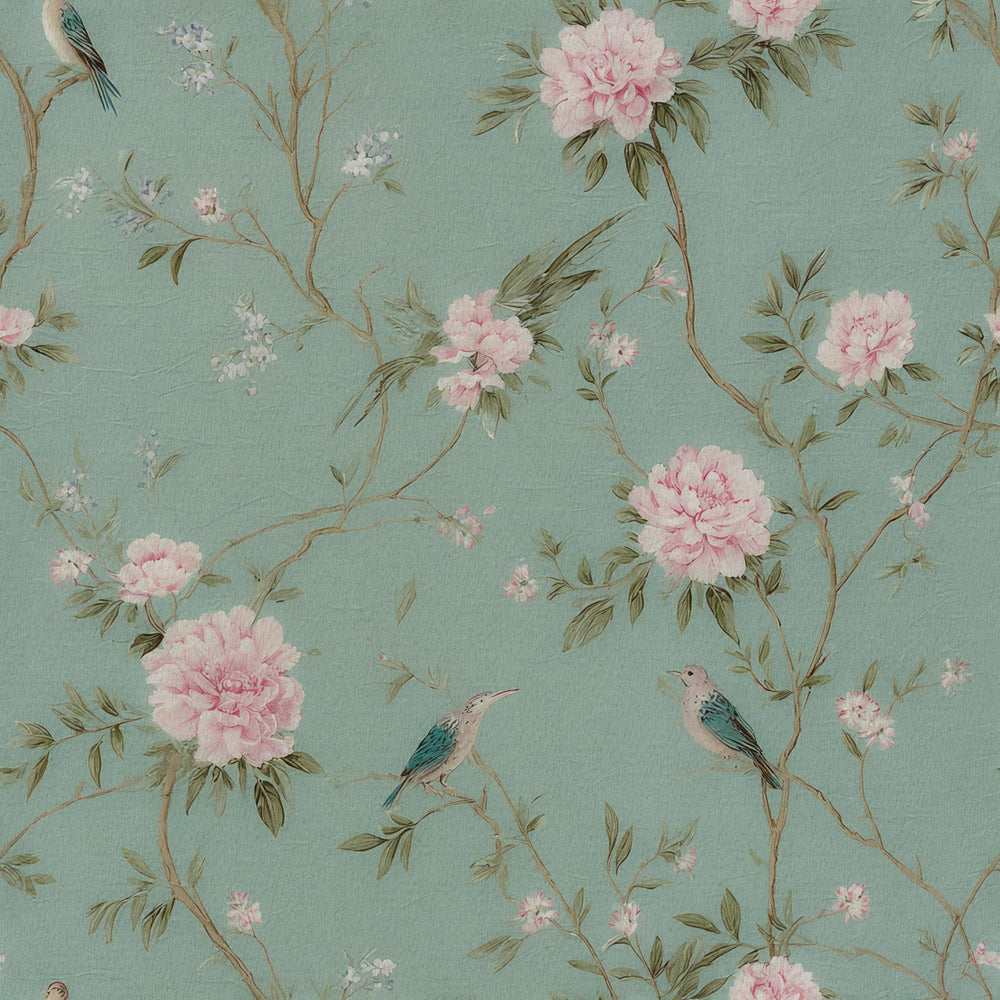 Lemieux et Cie Lucienne light blue chinoiserie peel and stick wallpaper with peonies and songbirds, romantic chinese wallpaper.