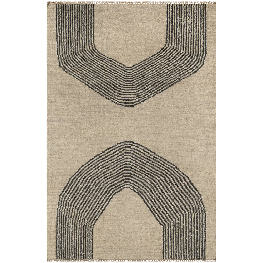 Lemieux et Cie Metlili rug in natural and charcoal handwoven wool with geometric striped arches, antique-washed vintage textile shown on white backdrop.