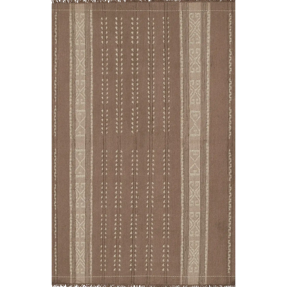 Lemieux et Cie Cluny rug in warm taupe and cream with geometric borders and dotted pattern, woven runner with fringed edges shown on white studio backdrop.