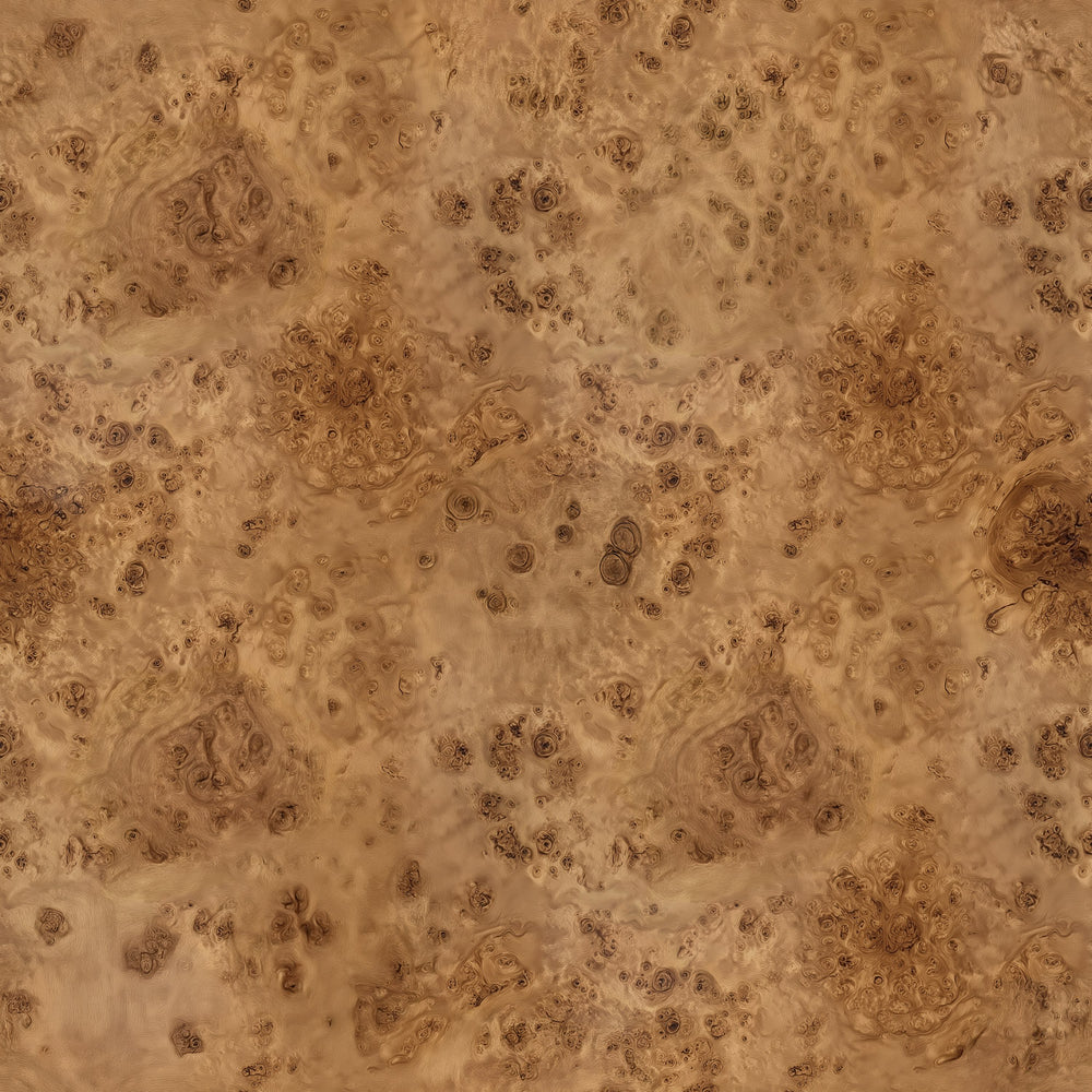 Lemieux et Cie Maison Mappa Burl wallpaper in blonde brown tones with organic swirling grain, peel and stick wall covering shown in detail.