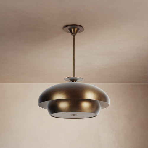 Lemieux et Cie Solene Chandelier in tiered dome form with warm finish, suspended pendant shown against neutral ceiling and walls in soft light.