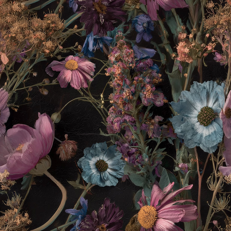 Lemieux et Cie Midnight Meadow Botanical dark floral wallpaper with jewel-toned wildflowers in violet, blue, and rose on a deep black ground, ideal for bedrooms and dining rooms.