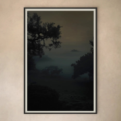 Lemieux et Cie Otaru Limited Edition Art Photograph, atmospheric landscape in muted tones with silhouetted trees, framed print on neutral plaster wall.