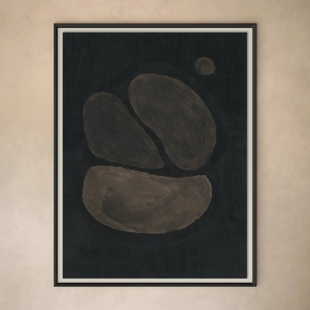 Lemieux et Cie Pierre Emmanuel Martin Limited Edition Print A1, abstract organic forms in plaster and coffee tones on dark ground, framed print on neutral plaster wall.