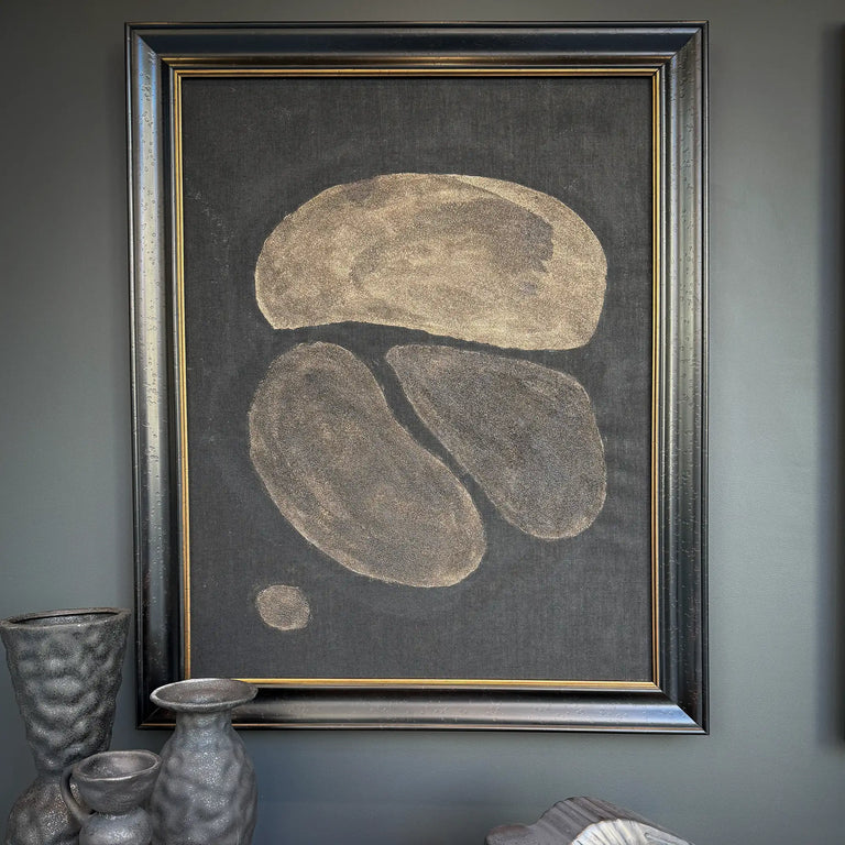 Lemieux et Cie Pierre Emmanuel Martin original oil and mixed media painting, organic abstraction in beige and black tones, framed in aged silver and gold against soft blue-gray walls with ceramic vessels.