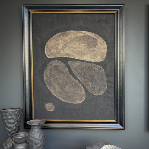 Lemieux et Cie Pierre Emmanuel Martin original oil and mixed media painting, organic abstraction in beige and black tones, framed in aged silver and gold against soft blue-gray walls with ceramic vessels.
