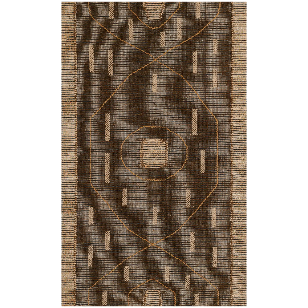 Lemieux et Cie rug in charcoal and tan with geometric pattern, flatweave runner with textured border, shown on white studio backdrop.