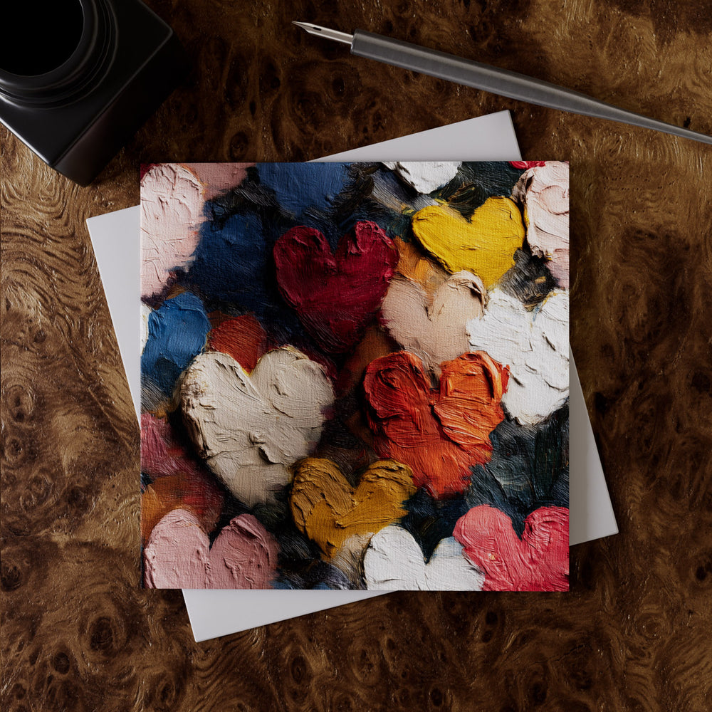 Lemieux et Cie Painterly Hearts Greeting Card Set with textured heart motif in ivory, coral, yellow and navy, shown on rich burl wood surface with white envelope.