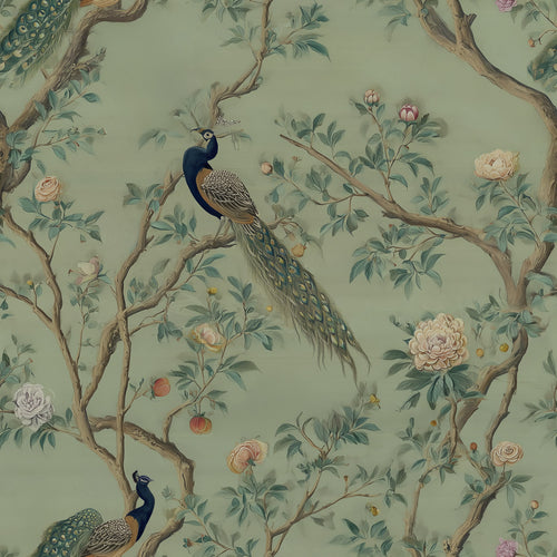Lemieux et Cie Peacock Plume luxury chinoiserie wallpaper with peacock feathers and florals, oriental wallpaper archival design.