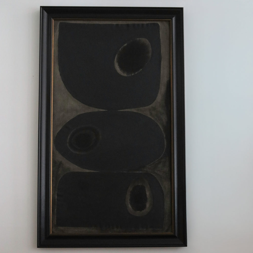 Lemieux et Cie framed original oil and mixed media painting by Pierre Emmanuel Martin, abstract geometric forms in dark tones, hung on white wall.