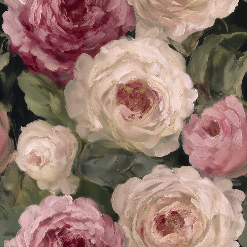 Lemieux et Cie Peony Privet Floral Wallpaper in ivory, blush and rose tones with layered blooms and foliage against dark backdrop.