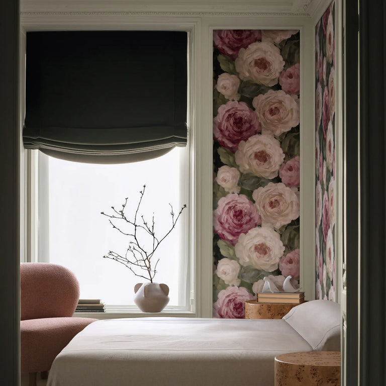 Lemieux et Cie Peony Privet Floral peel and stick wallpaper applied on wall panels in a soothing bedroom scene, ideal for bedrooms and nurseries.