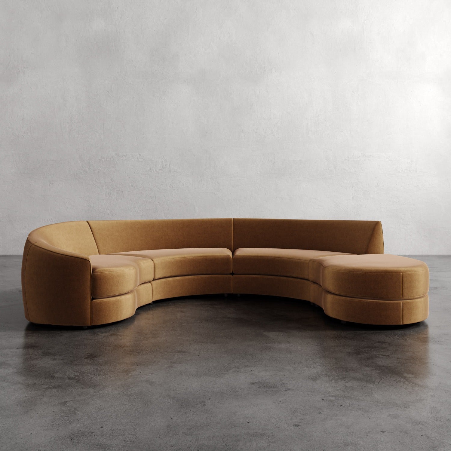 Lemieux Et Cie Rulmann 4-Piece Left Sectional Curved brown sofa on a gray floor with a plain wall background